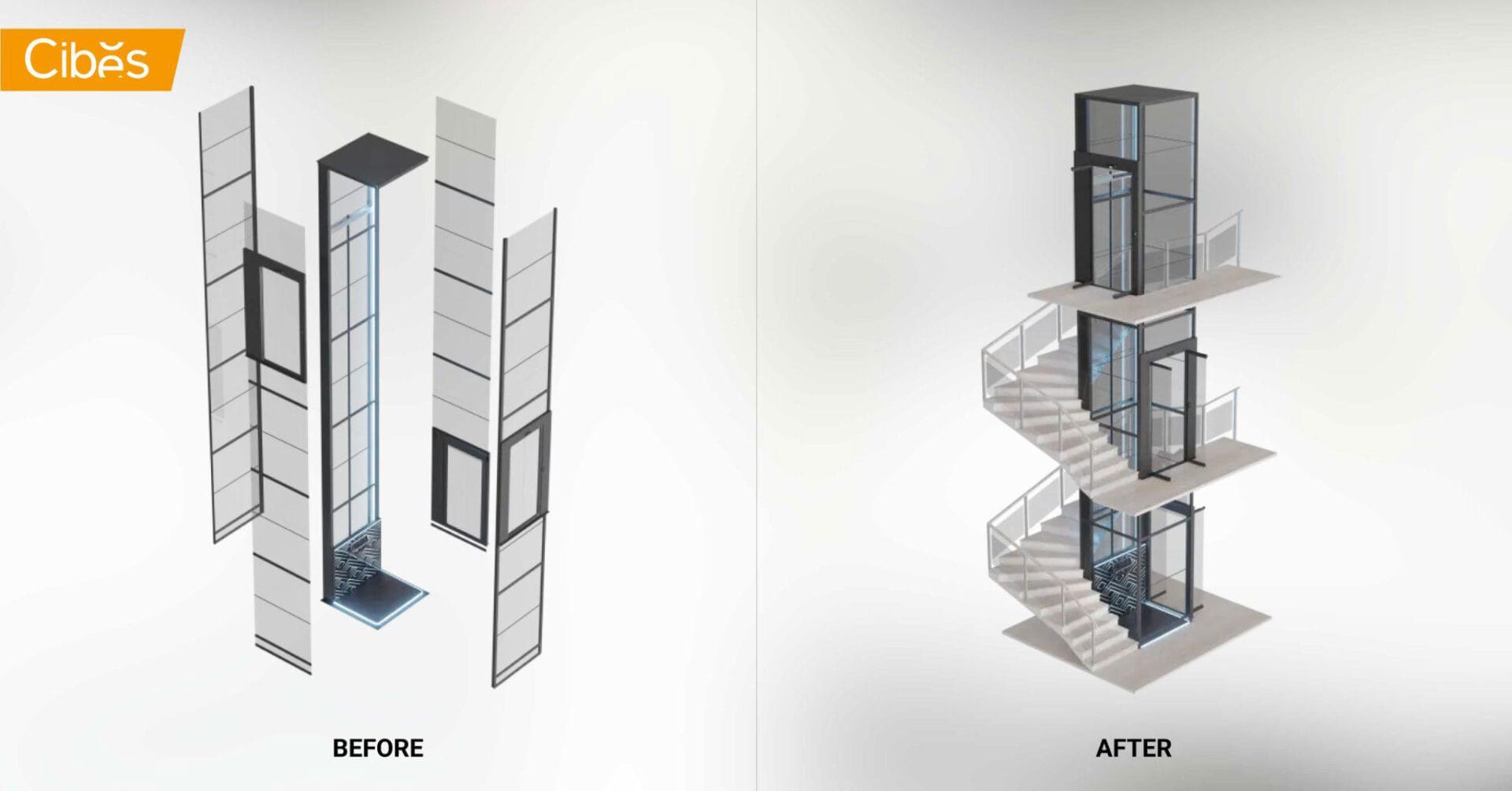 cibes lift before and after installation ภาพลิฟท์บ้านระบบสกรู Cibes ที่เป็นลิฟท์พรีเมี่ยมสำเร็จรูป ถอดชิ้นส่วนเพื่อมาประกอบที่บ้านและอาคารของท่าน