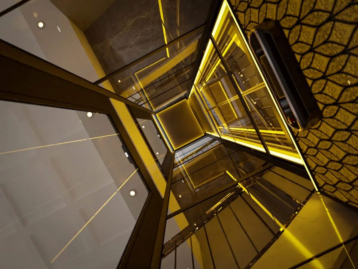 cibes lift shaft from v80 galaxy series ภาพปล่องลิฟท์ของ Cibes Lift V80 Galaxy ลิฟท์ระบบสกรูที่มาพร้อมปล่องกระจกสุดพรีเมี่ยม
