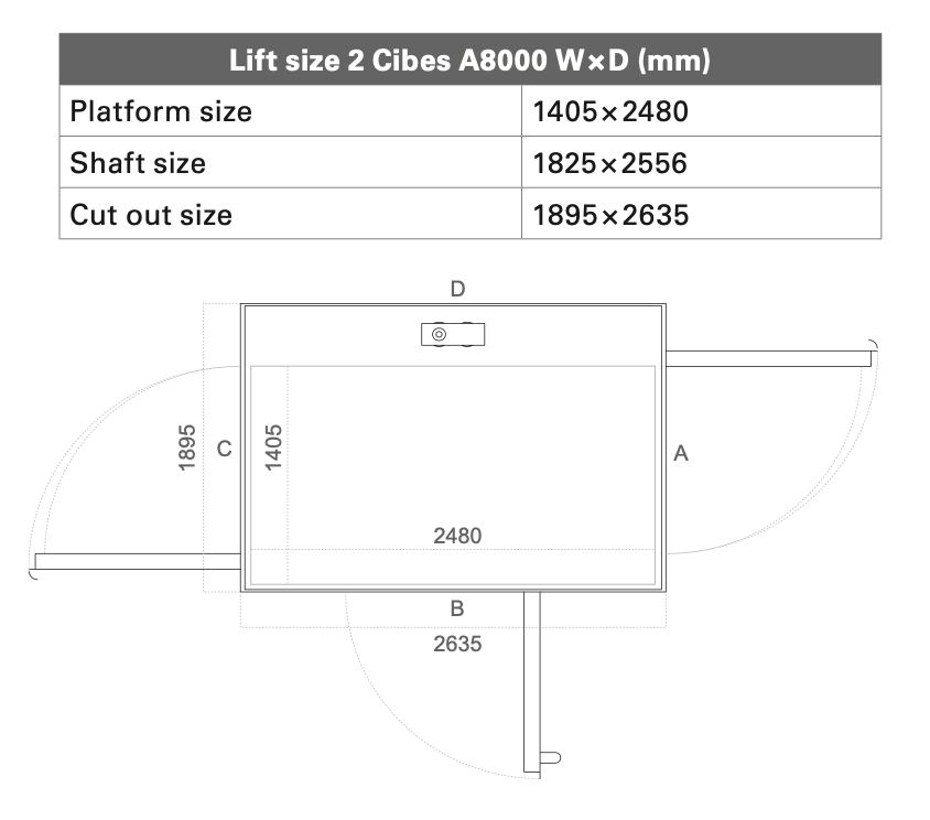 Cibes Lift Extra size 2 model a8000 with dimensions and shaft cutour Cibes Lift Extra size 2 model a8000 with dimensions and shaft cutour