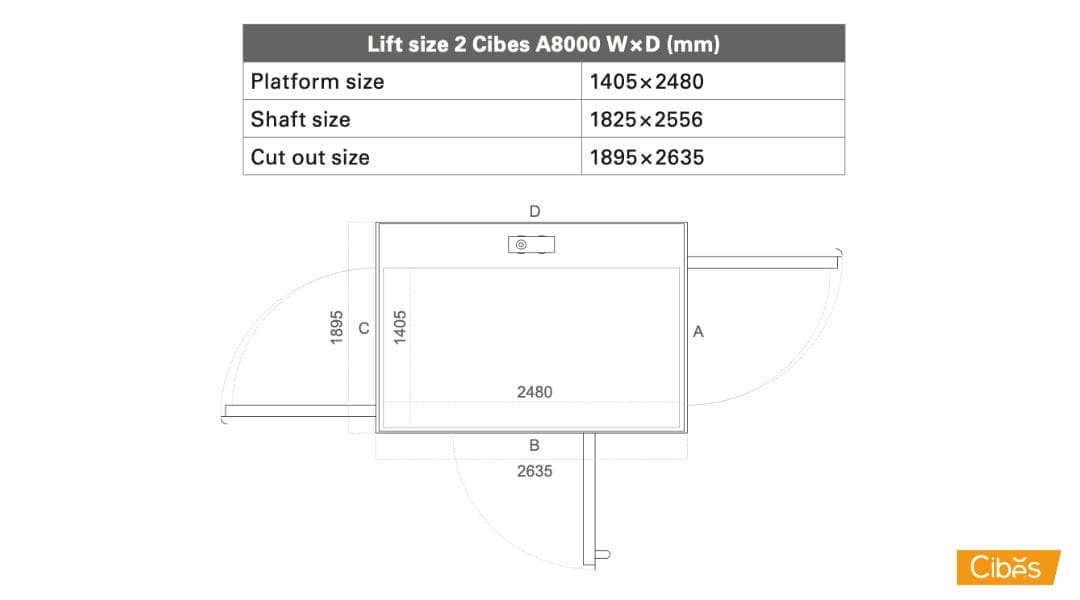 ขนาดของลิฟท์ Cibes Extra