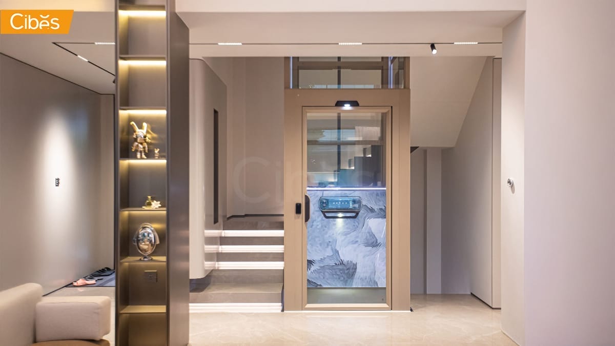 Cibes Lift home elevator ลิฟท์บ้านหรู installed in a modern living room with glass design for luxury homes in Thailand