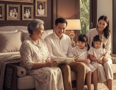บ้านสำหรับครอบครัวหลายวัยที่วางแผนติดตั้ง home lift Cibes — คุณตาคุณยายอ่านหนังสือกับหลานๆ